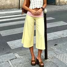 Women 's Fold Over Lounge Capris Wide Leg Low Rise Cropped Gaucho Pants Solid Color Flowy Pajama Bottom - 黃色 - 查看 6
