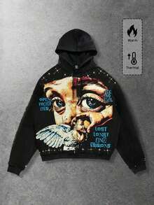 Street Life Spring Casual Graphic Men's Fashion Street Angel Print Zip-Up Drawstring Hooded - Black 4 - View 1