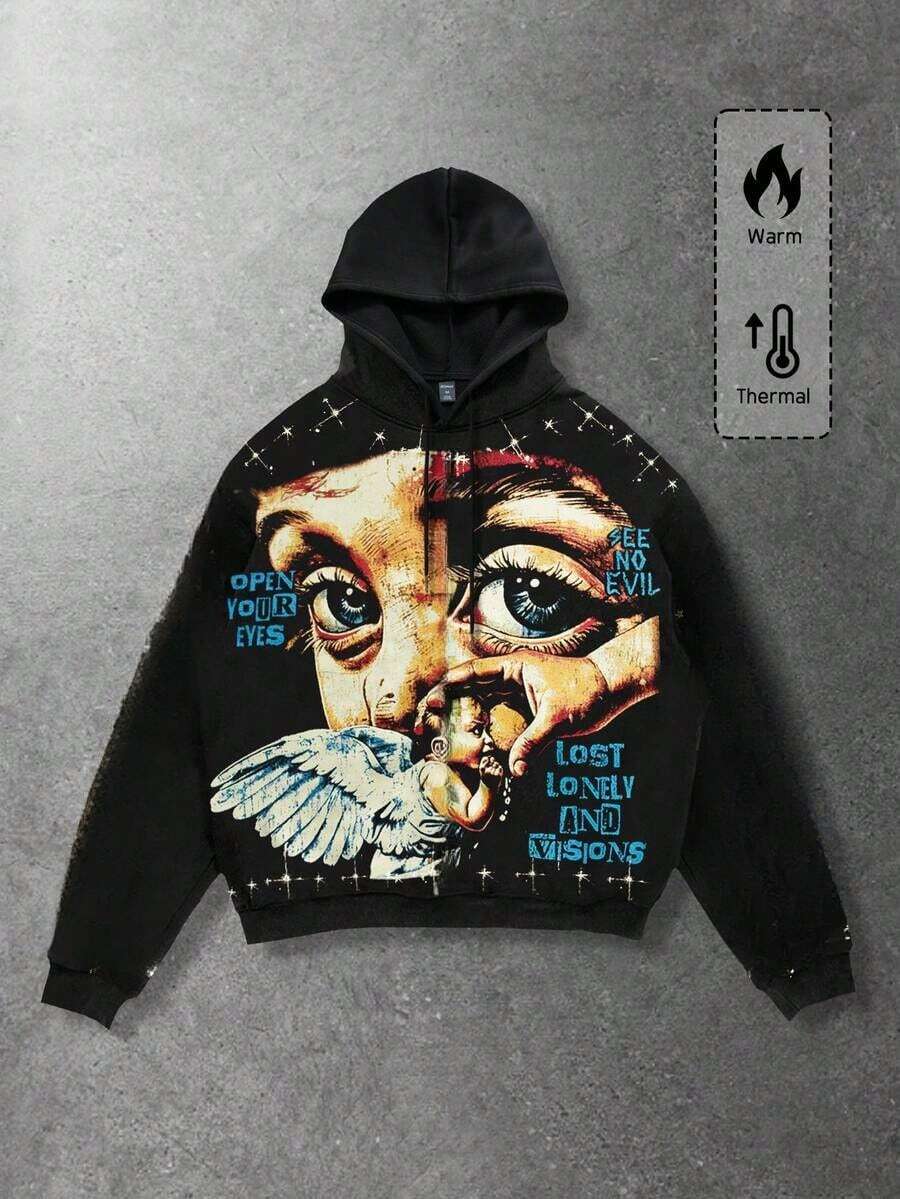 Street Life Spring Casual Graphic Men's Fashion Street Angel Print Zip-Up Drawstring Hooded - Black 4 - View 1