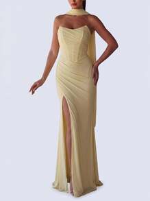 Sedessea Elegant Strapless Party Dress, Ruched Design At Bust And Waist, Lace-Up Back, High Slit Design, Weddings, Evening Parties, Proms, Formal Occasions - Light Yellow - View 1