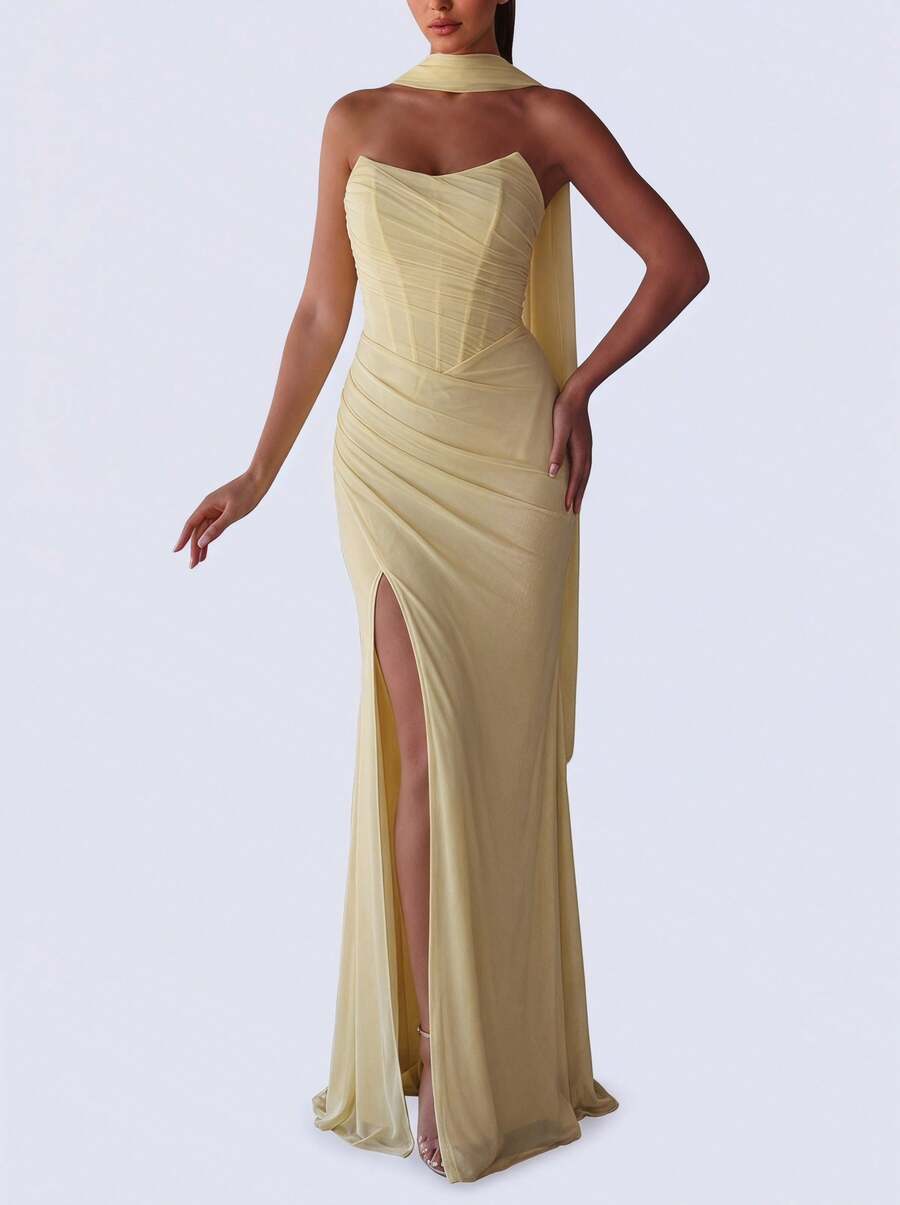 Sedessea Elegant Strapless Party Dress, Ruched Design At Bust And Waist, Lace-Up Back, High Slit Design, Weddings, Evening Parties, Proms, Formal Occasions - Light Yellow - View 1