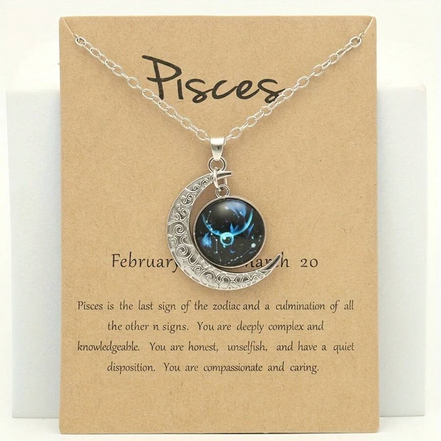 1 Retro Zodiac Moon Pendant Necklace That Glows In The Dark - Vintage Style, Zinc Alloy With Details, Adjustable Chain For Women - Ideal For Everyday Wear And Gifts - 魚 - 查看 1