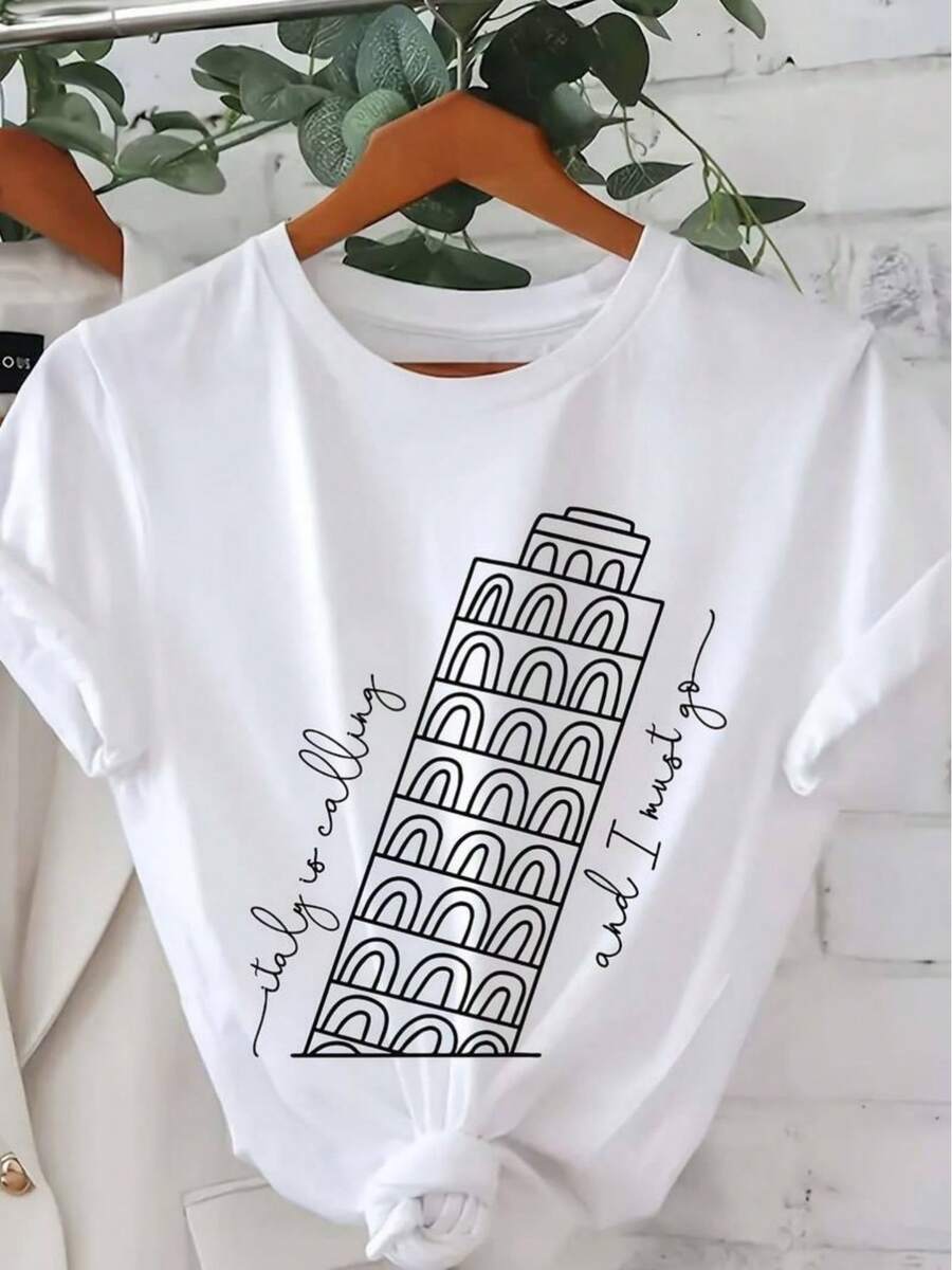 Camiseta de Moda para Mujer con Cuello Redondo, Ropa de Primavera y Verano para Mujer, Opción Casual Elegante, Diseño Divertido con Estampado, Adecuada para Ocasiones Festivas, Entrega Local - Blanco - Ver 1