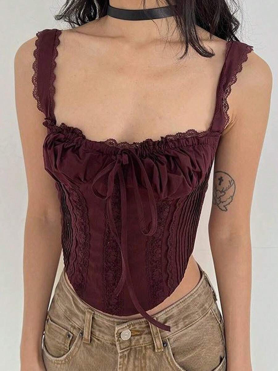 Nueva ropa de mujer, top corto sexy con tirantes de encaje y diseño irregular, camisola para mujer. - Marrón - Ver 1