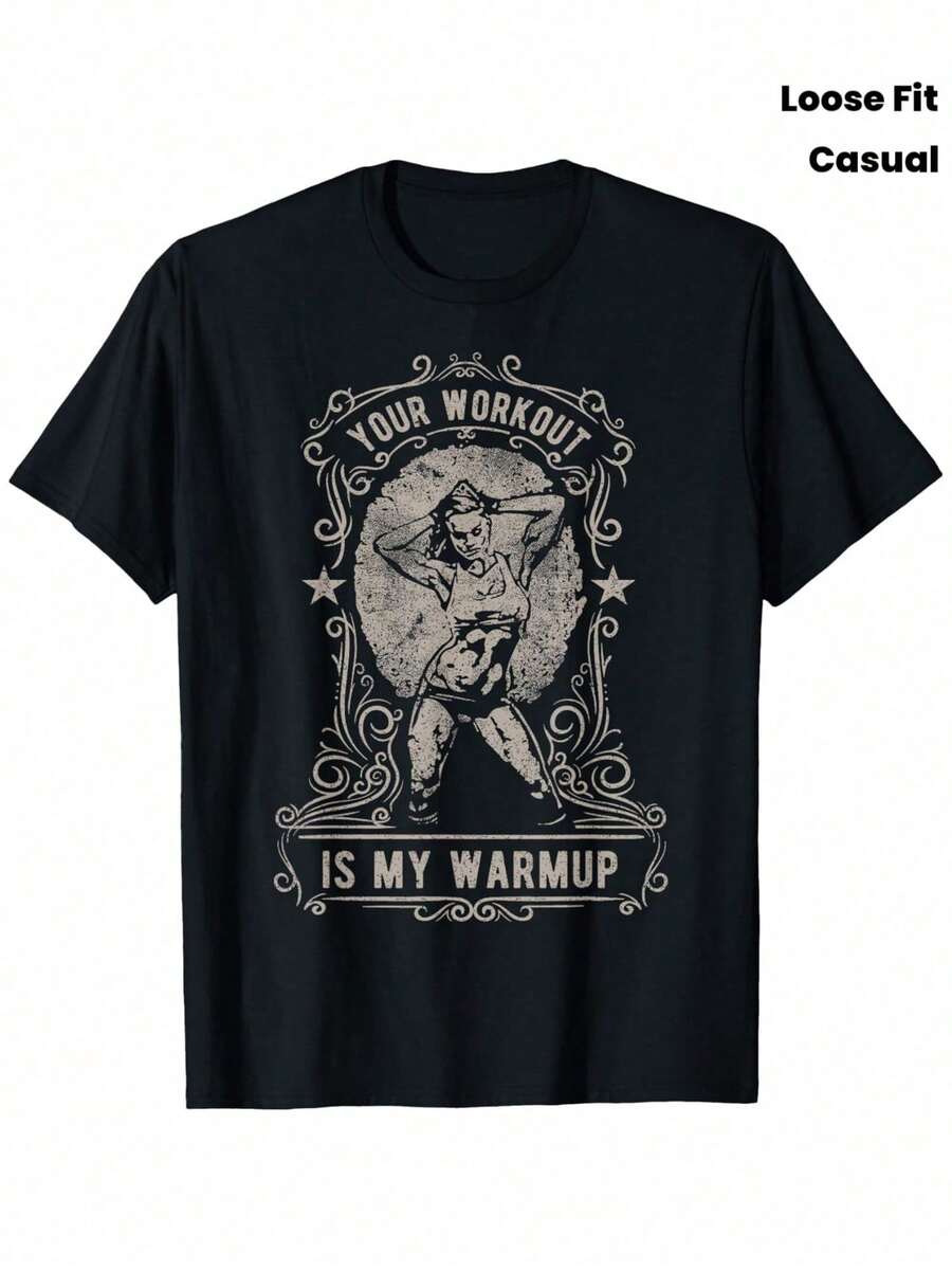 Camiseta divertida de culturista para mujer, eslogan "Tu Entrenamiento es Mi Calentamiento", gráfico levantamiento pesas, holgada, gimnasio, fitness, casual. - Negro - Ver 1