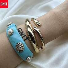 GNIT Gelang Wanita Resin Bertatahkan Mutiara dan Emas, Set Gelang Terbuka Tebal 3pcs/1pc yang Dapat Ditumpuk, Perhiasan Personalisasi Gaya Vintage Pesisir - Biru langit. Emas. Emas - View 1