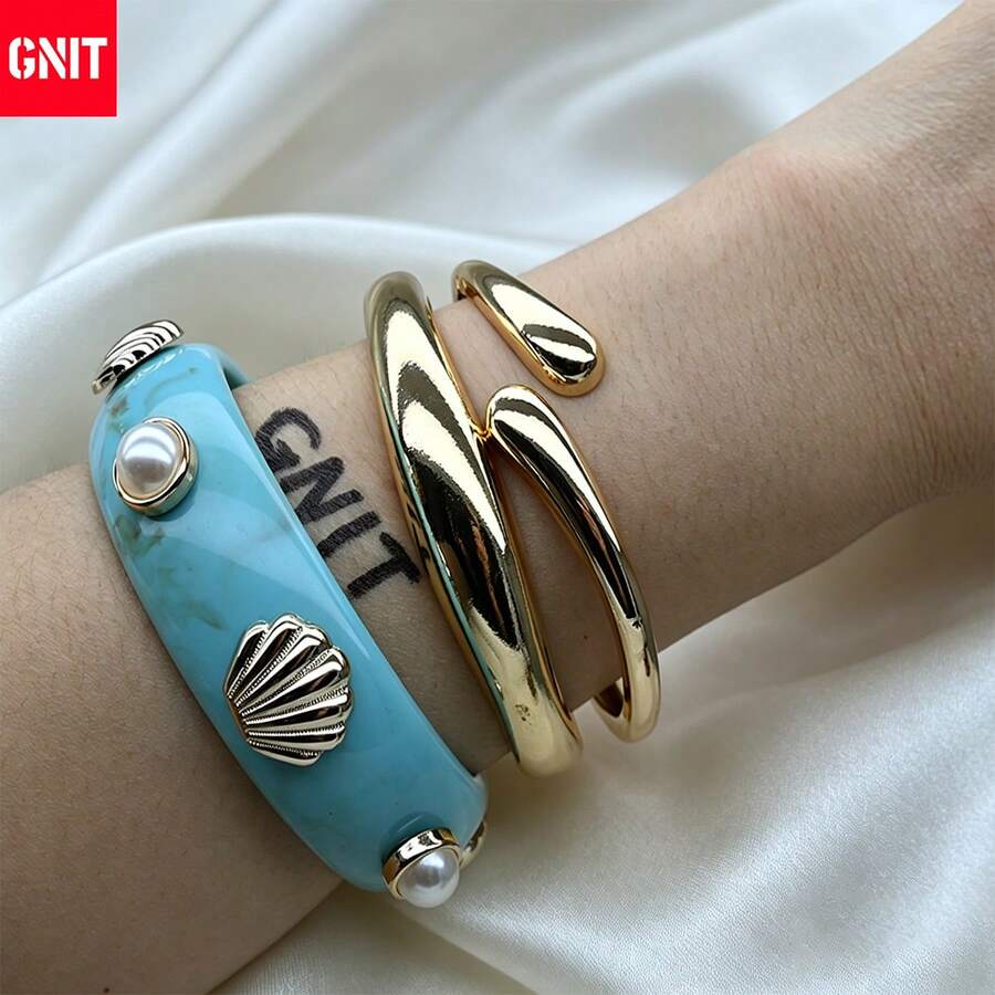 GNIT Gelang Wanita Resin Bertatahkan Mutiara dan Emas, Set Gelang Terbuka Tebal 3pcs/1pc yang Dapat Ditumpuk, Perhiasan Personalisasi Gaya Vintage Pesisir - Biru langit. Emas. Emas - View 1