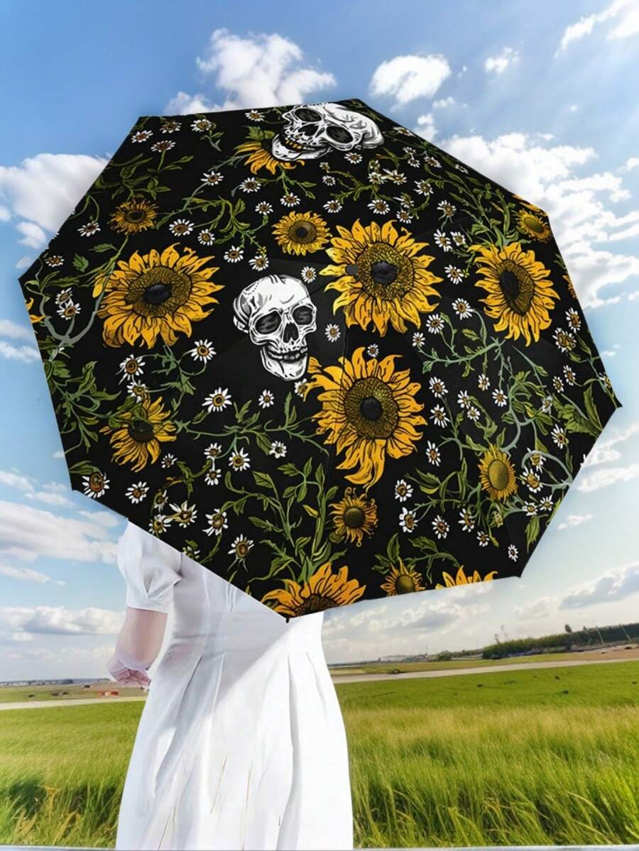 哥德式骷髏玫瑰印花摺疊傘，黑色膠塗UV防曬防雨傘，便攜式三折創意亡靈節旅行傘，適用於男士、女士和學生 - 多色 - 查看 1