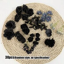 21/26/30件裝黑色系列人造花環，冬季聖誕桌面壁爐架裝飾，室內/室外節日裝飾，絲綢人造玫瑰、牡丹、雛菊與花頭，大包裝，適用於婚禮裝飾、畢業典禮 - 黑白花頭 - 查看 10