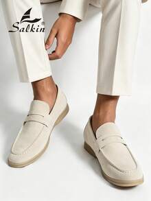 Salkin 奢華男士便士樂福鞋，純色仿麂皮休閒皮鞋，經典設計師平價奢華適合現代生活，柔軟舒適時尚優雅紳士社交鞋，百搭西裝、學生、畢業典禮、學院風、商務正式、辦公室、派對、宴會、婚禮、新郎鞋，春夏秋季，請選擇大一號 - 米色 - 查看 10
