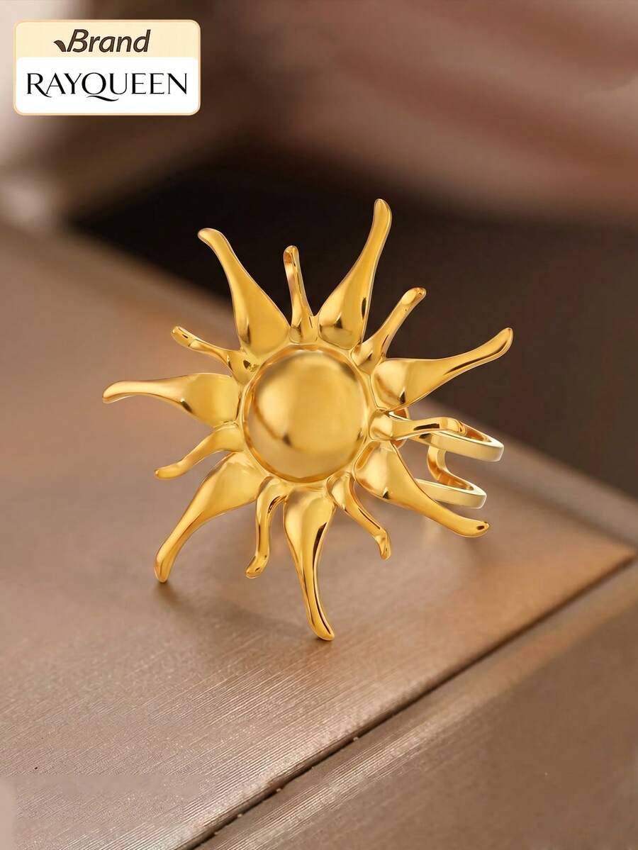 RAYQUEEN 1 pieza Anillo de declaración con forma de sol de tono dorado único para mujeres, anillo de dedo abierto ajustable con estética bohemia vintage, regalo de joyería - Amarillo Oro - Ver 1