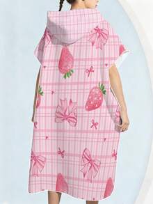 1pc Pink Plaid Strawberry Bow Pattern Hooded Bath Towel, Modern Style Ultra-Fine Microfiber Rectangular Absorbent Changing Robe Multi-Function Towel Suitable For Indoor Bathroom Outdoor Beach Bath Towel Bathrobe Birthday Gift, All Season Bathroom Bathing Home Shower Wrap Bathing Robe, Loose Fit Unisex Couple Loungewear Suitable For Christmas And Other Holidays - Multicolor - View 7