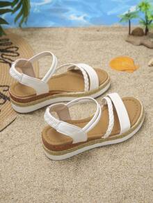 1 Pair Teen Girls White Thick Sole Sandals, Summer Rope Woven Comfortable Lightweight Kids Shoes, Square Toe Fashion Sandals For Girls, Suitable For School And Daily Wear - White - View 6