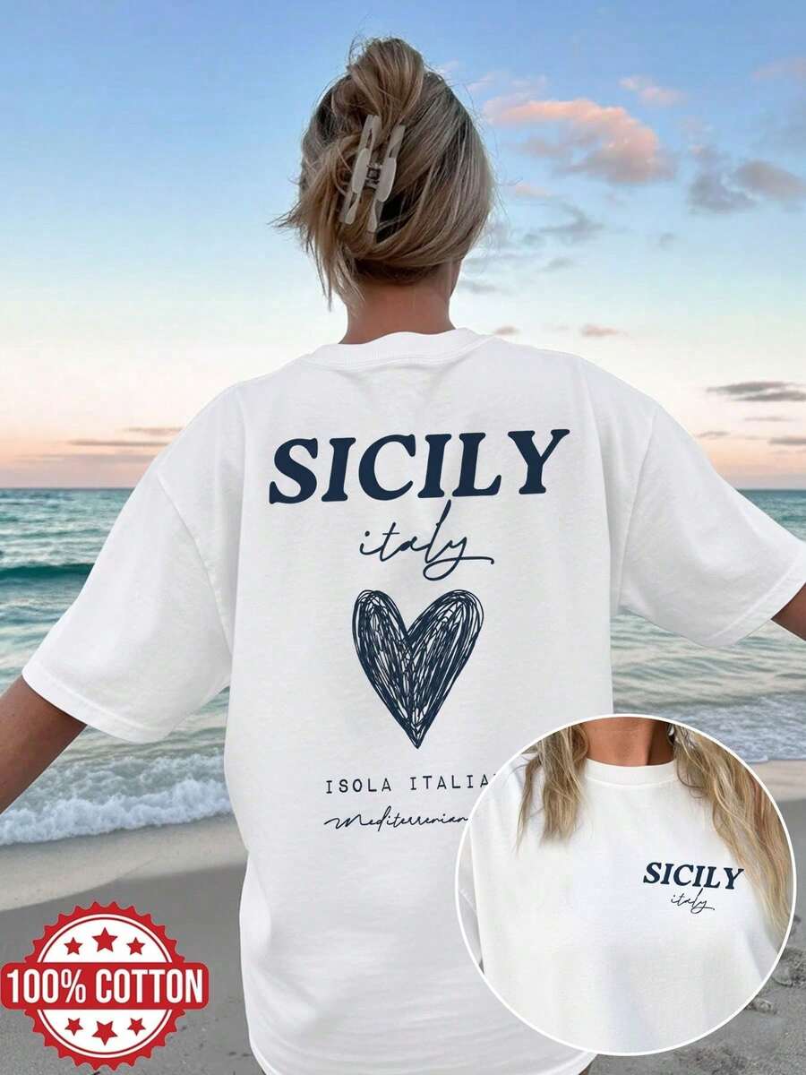 Vintage Women's T-Shirt, 100% Cotton, Loose Fit With Dropped Shoulders, Double-Sided Heart Print Of Sicily Italy For Spring And Summer. - White - View 1