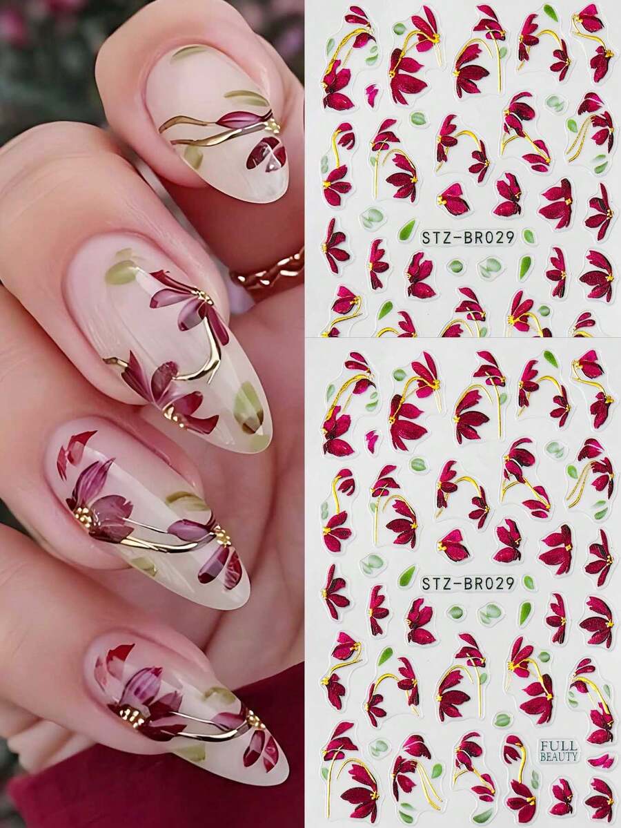 FULL BEAUTY 2pcs Burgundy Flower Vines Leaf Nail Art Stickers Red Elegant Watercolor Floral Petal With Gold Line Spring Summer Nail Decals Wedding Nail Supplies Nail Charms Decorations - Multicolor - View 1