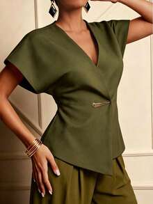 IGKEEL 春夏秋女款上衣，適用於工作、日常穿著、通勤與辦公場合，純色不對稱下擺單鈕扣背心上衣 - 軍綠色 - 查看 5