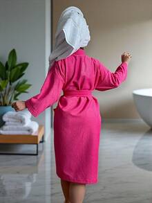 UNISEX WIDE AND LONG BATHROBE EXCELLENT ABSORPTION WITH RIBBON AND POCKETS - Hot Pink - View 2