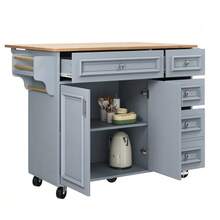 Kitchen Island (110 * 45-75 * 92 Cm), Modern Kitchen Island, Kitchen Cabinet, Removable Serving Cart, Sideboard, Vintage Pattern Dining Room Serving Cart, Buffet, Multifunctional Dining Table With Storage, Blue - Baby Blue - View 11