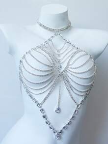 Beach Bikini Tassel Rhinestone Chest Chain Women's Luxury Shiny Crystal Body Chain Lingerie Accessory - Silver - View 3