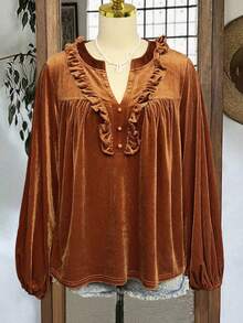 Women's Autumn/Winter Vintage Velvet Top, V-Neck Ruffle Hem, Large Bell Sleeves, Loose Pleated Fit, Soft Feminine Style - Redwood - View 5