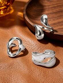 3pcs/Set Fashionable Stainless Steel Polished Silver Water Drop Hollow Asymmetric Rings Gift Jewelry Suitable For Women's Daily Wear - Steel - View 1