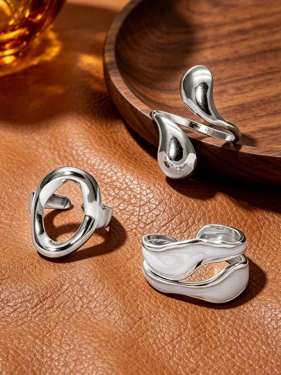 3pcs/Set Fashionable Stainless Steel Polished Silver Water Drop Hollow Asymmetric Rings Gift Jewelry Suitable For Women's Daily Wear - Steel - View 1