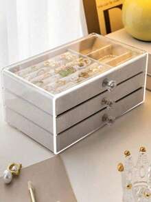Prime 1pc 3 Layers Clear Plastic & Velvet Drawers Jewelry Storage Box Clear Organizer For Rings, Necklaces, Bracelets, Earrings And Pendants For Ladies Neat Deluxe Three-Layered Jewelry Manager For Vanity Table Ladies' Gifts Closet - 彩色 - 查看 1