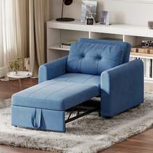 Single Sofa Bed, Convertible Linen Sleeper Sofa Chair With Storage Pockets, 3 Adjustable Backrest, 3-In-1 Pull Out Sofa Bed For Living Room, Bedroom, Blue - Blue - View 7