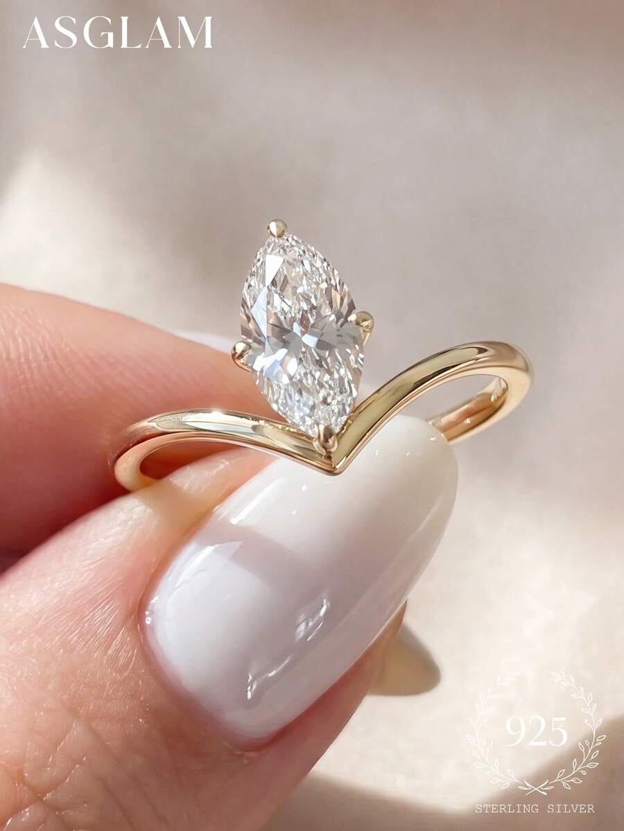 1 buah Cincin Serbaguna Batu Mata Kucing Perak Sterling 925, Cocok untuk Pemakaian Sehari-hari Wanita, Upacara Pernikahan, Hadiah untuk Pacar. - Mata kuda berbentuk V minimalis - View 1