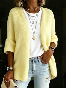 Women's Loose Knit Cardigan, Buttonless Open Front Casual Versatile Knit Sweater Outerwear, Autumn/Winter - Yellow - View 5
