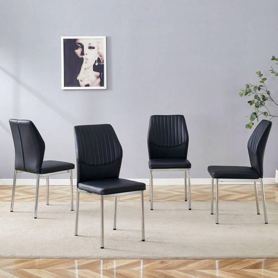 [Set Of 4] Stylish Dining Chairs In A Lightweight Luxury Style / Modern Dining Room Set / PU Backrest With Vertical Embossing + Metal Legs / Load Capacity 120 Kg, Easy To Assemble / Suitable For Dining Rooms Or Living Rooms In A Lightweight Luxury Design. - 黑色+銀色 - 查看 1