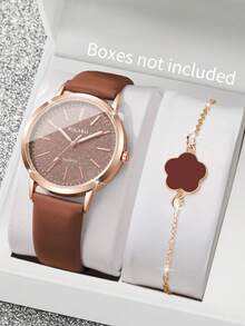 Women's Leather Strap Fashion Minimalist Dial Classic Elegant Quartz Watch + Heart Bracelet (2pcs/Set) Watch Box Not Included - Brown - View 10
