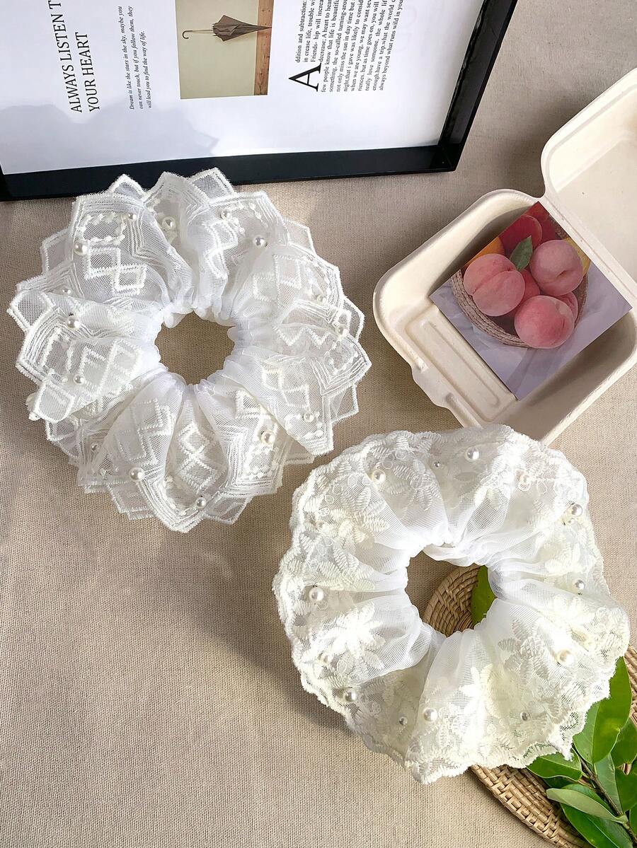 1pc French Style Gentle Embroidery Lace Pearl Hair Tie, Heavy Embroidery Lace With 3D Pearl Design, High-End Elegant Girly Style, Non-Damaging Hair Tie Ponytail Elastics Rubber Bands - Multicolor - View 1
