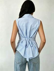 Women's Casual Striped Sleeveless Shirt Collar Top, Back Tie Waist Women's Blouse, Fashionable Casual Versatile Design - Women's Summer Clothing - Blue and White - View 3