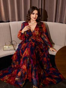 Plus Size Women's New Elegant Romantic Floral Patchwork Design Swing Dress Vacation - Multicolor - View 8