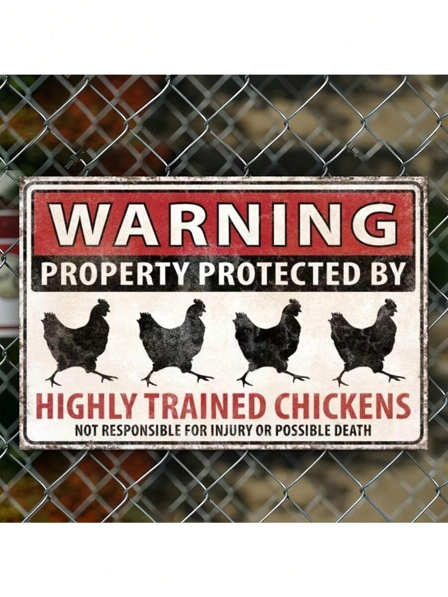 2D Flat - 1pc Vintage Art Deco Iron Hanging Sign 2D Flat - "Trained Chicken" Humorous Warning Wall Decor, Suitable For Poultry Farms, Outdoor Chicken Coops And Holiday Themes - Rustic Style Iron Sign, No Electricity Required - Multicolor - View 1