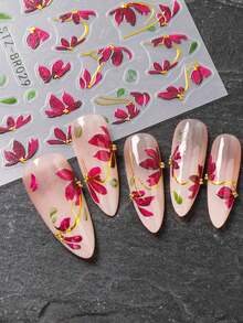FULL BEAUTY 2pcs Burgundy Flower Vines Leaf Nail Art Stickers Red Elegant Watercolor Floral Petal With Gold Line Spring Summer Nail Decals Wedding Nail Supplies Nail Charms Decorations - Multicolor - View 2