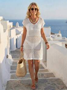NZZOF Women's Solid Color V-Neck Hollow Knit Cover-Up Straight Loose Fit (Bikini Not Included) White Vacation Beach Summer - White - View 5