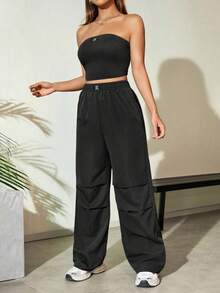 Conjunto de dos piezas informal holgado para mujer compuesto por top tubo con estampado de letras y pantalones plisados para verano - Rojo - Ver 4