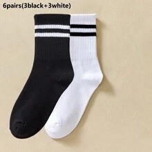 1/3/6雙中性條紋中筒襪，休閒日常百搭襪，黑/白/灰條紋印花休閒襪，百搭雙條紋中筒學生襪 - 彩色 - 查看 8