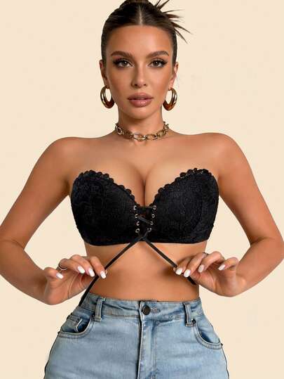 mimilemon Sujetador sin tirantes de encaje negro para mujer - Diseño con cordón recogido, transpirable y cómodo, adecuado para usar de vacaciones