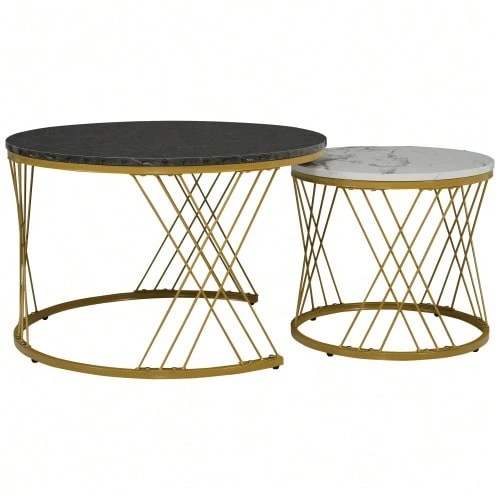 (WF300416AAA) Set Of 2 Modern Nesting Coffee Tables, Marble Veneer, Nesting Style, Round, With Gold Frame. - Grey - View 1