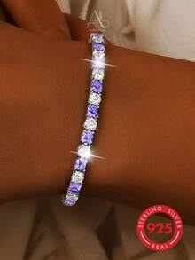1 Peça Pulseira de Corrente de Tênis Geométrica Quadrada de Zircônia Cúbica de Prata Esterlina 925 Minimalista para Mulheres, Versátil para Uso Diário, Presente, Festa, Férias, Dia dos Namorados - Roxo - Visão 5