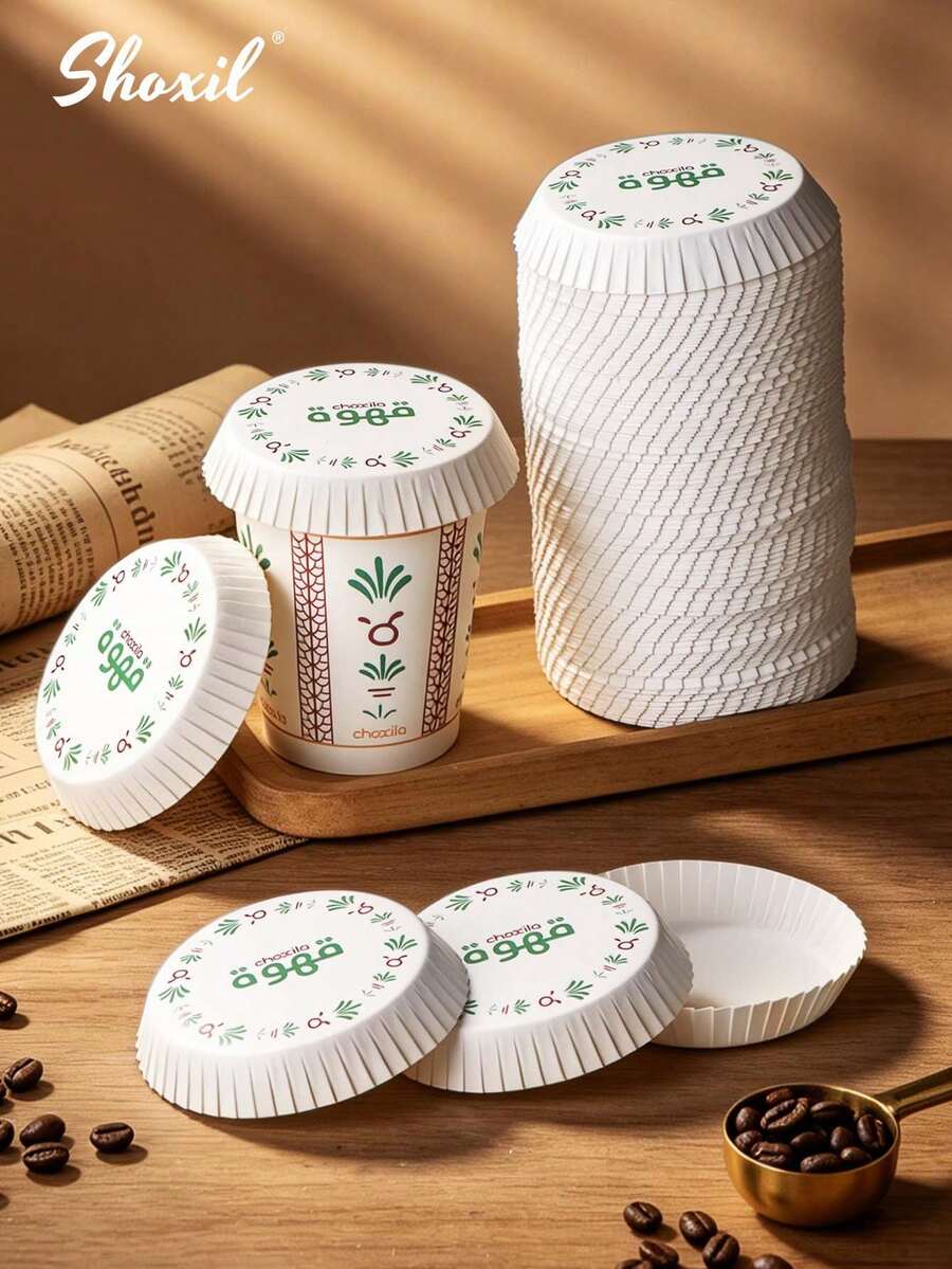 shoxil 50pcs 7cm Universal Paper Beverage Cup Lids, Arabic Style Printed, Suitable For Various Hot And Cold Cups, Compatible With Paper And Glass Cups, Ideal For Coffee Shops, Restaurants And Hotels - Multicolor - View 1