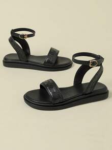 女款綁帶扣環涼鞋，低跟厚底，清新隨機壓紋編織波希米亞度假復古開口平底舒適夏季新款輕量奢華小眾設計獨特百搭顯腿長露背後綁帶鏤空鞋夏季楔形低跟不累腳平底鞋時尚戶外沙灘2026春夏黑色透氣清新優雅風格適合洋裝休閒運動鏤空綁帶羅馬鞋尺寸33小號34小號42大號41-43 - 黑色 - 查看 2