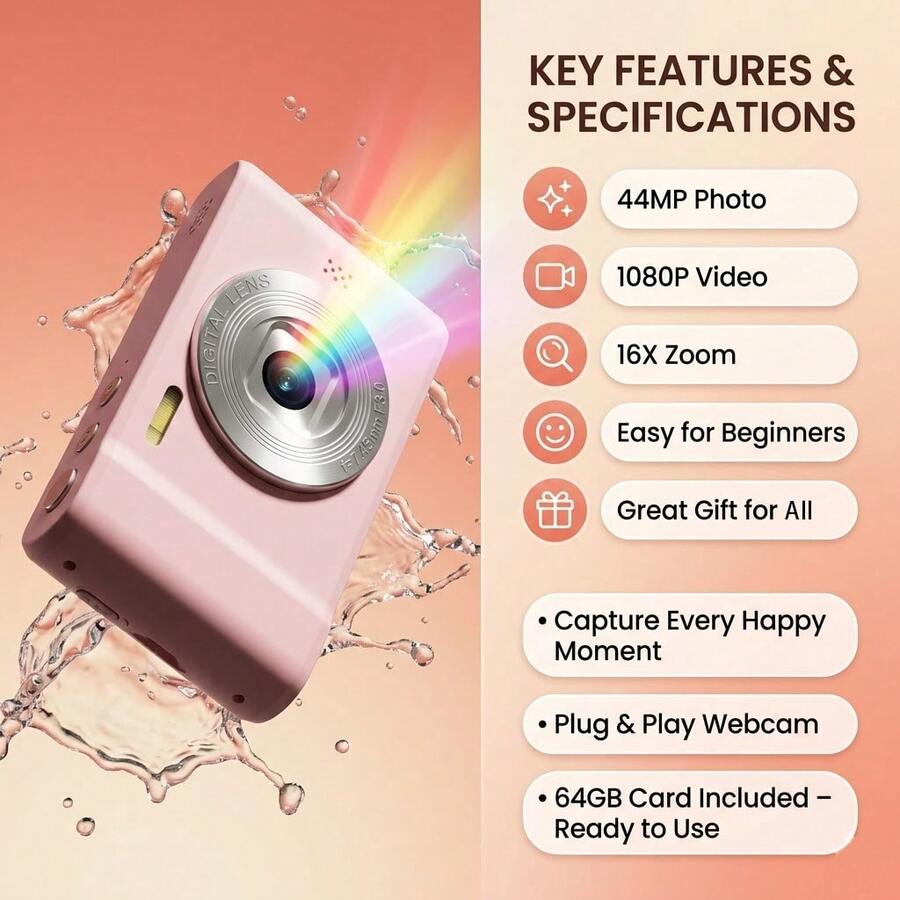 FUNNY PANDA Pink Digital Camera, 44MP 1080P Vlogging Camera With 16X Zoom, 2.2 Inch Screen, Self Timer, Webcam Mode, Plug And Play, 64GB Card Included, Ultra Lightweight Compact Retro Design - View 1