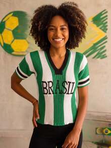 Women's Blouse Brazil Ribbed Knit Short Sleeve V-Neck Front Print Sporty Casual Knit - 綠色 - 查看 5