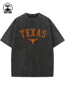 For Men & Women Vintage Texas And Longhorn Print Men's Washed And Distressed Print Round Neck Short Sleeve Casual T-Shirt - 黑色 - 查看 1