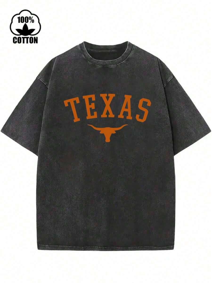 For Men & Women Vintage Texas And Longhorn Print Men's Washed And Distressed Print Round Neck Short Sleeve Casual T-Shirt - 黑色 - 查看 1