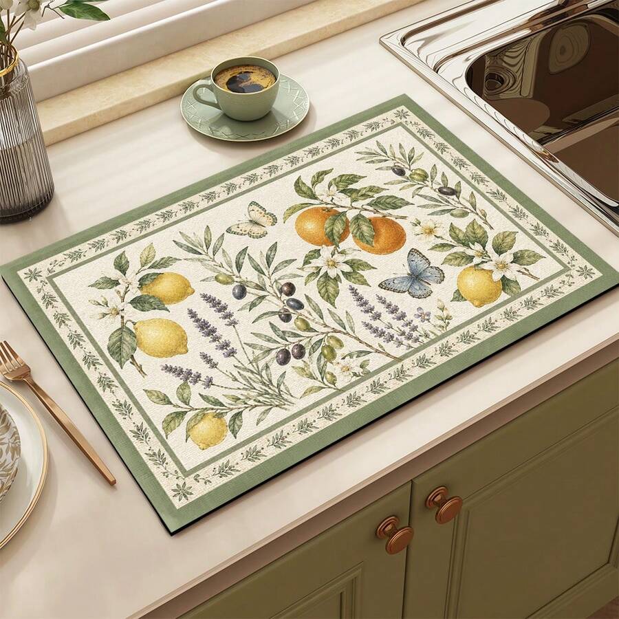 1pc Fruit Print Absorbent Drying Mat, Kitchen Decor Coffee Machine Mat, Hand Drip Coffee Pot Drain Mat, Kitchen Floor Mat, Table Mat, Kitchen Countertop Dish Drying Mat, Breakfast Mat, Heat-Resistant Drain Mat With Non-Slip Backing, Diatomaceous Earth Drain Mat, Stain-Hiding, Super Absorbent Kitchen Drain Mat, Easy-To-Clean Dish Rack Mat, Perfect For Kitchen, Dining Table, Coffee Shop, Bar, Holiday, Party, Home Decor, Holiday Gift - Multicolor - View 1